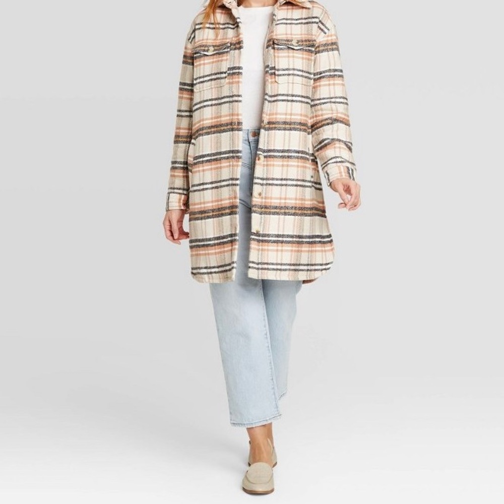 Mid length plaid shacket in tan/brown/Siena color